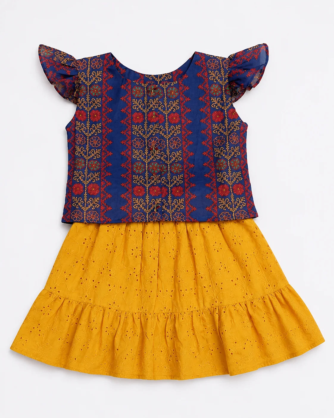 Mustard Chikankari Skirt with Navy Lawn Blouse for Baby Girls
