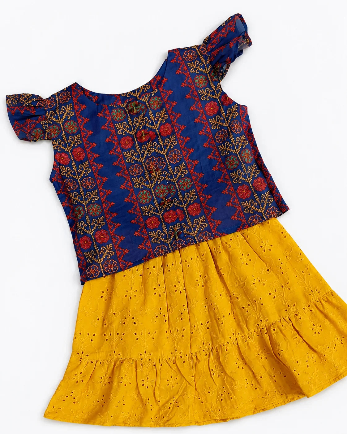 Mustard Chikankari Skirt with Navy Lawn Blouse for Baby Girls